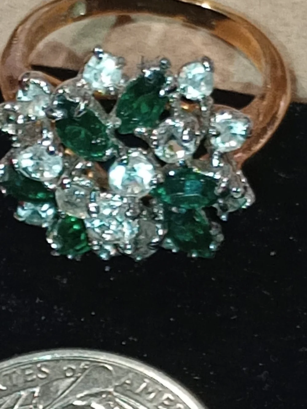 Vintage Emerald and Clear Cluster Cocktail Ring - Women Jewelry 18k HGE